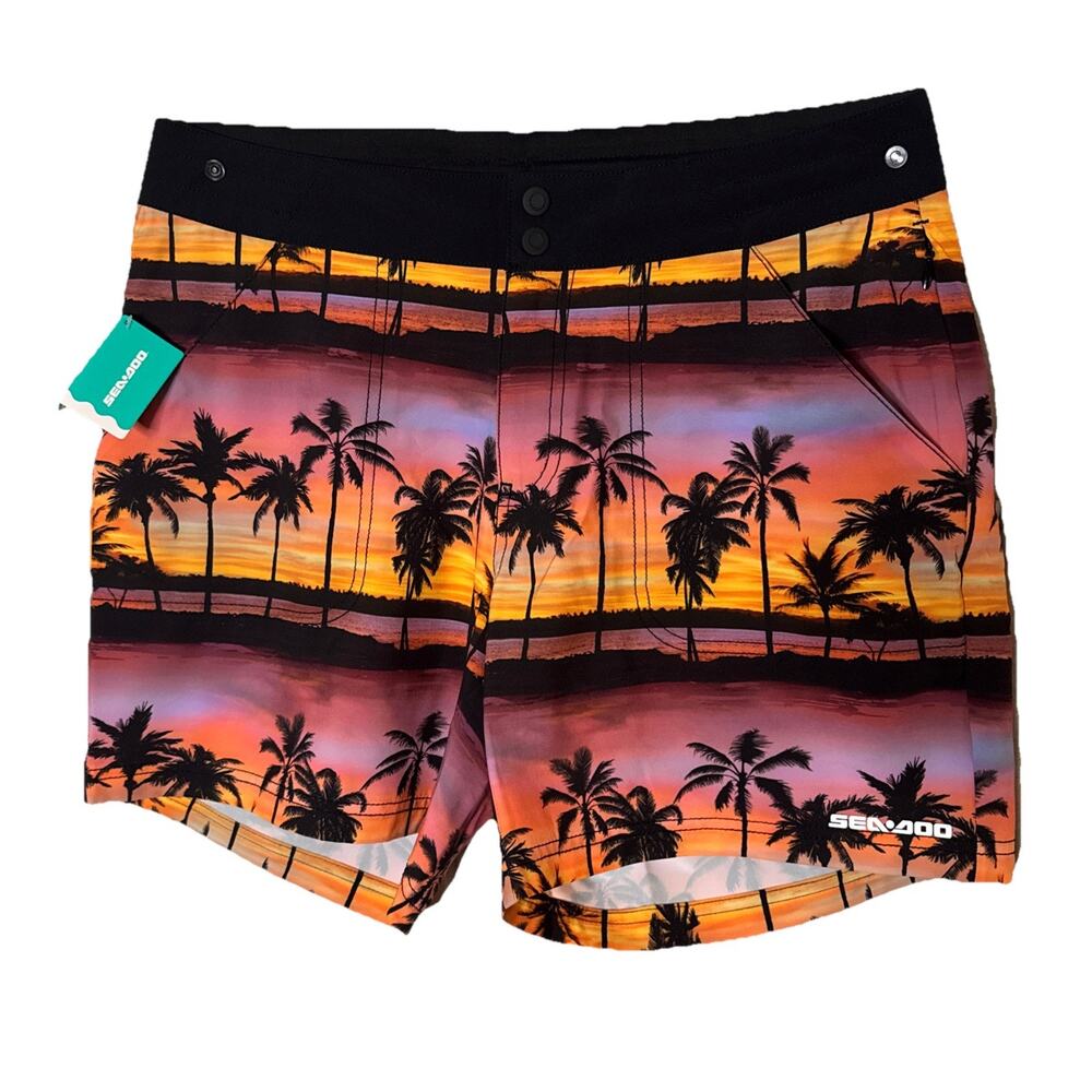 Sea-Doo Board Shorts Women Medium Swim Trunks Palm Trees Beach Sunset NWT